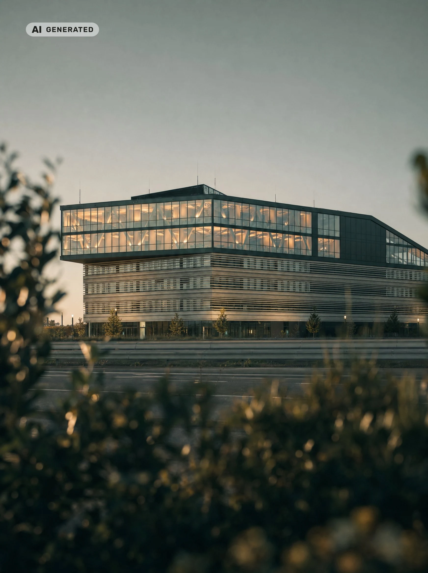 KI-generiertes Symbolbild: modernes Bürohaus in der Abenddämmerung mit warm erleuchteter Glasfront